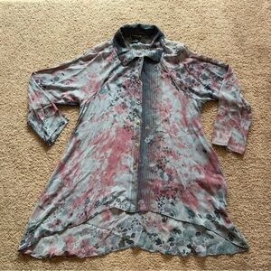 citron 100% silk button up blouse medium navy blue tie dye floral flowy bohemian